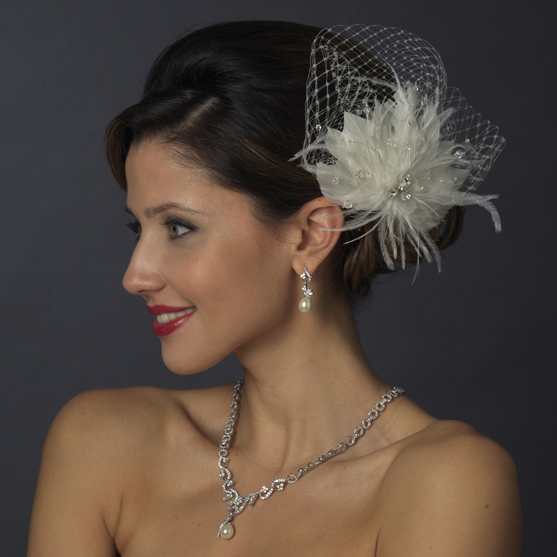 Ivory Elegant Bridal Hair ClipFeather Fascinator with Sequins & Bugle Beads 