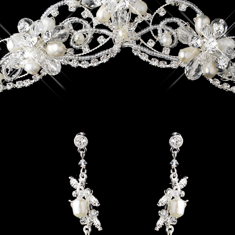 Elegant Silver Crystal Pearl Couture Wedding Bridal Tiara Necklace Jewelry Set 