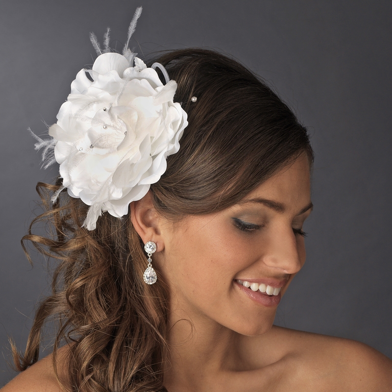 White Flower Feather Bridal Fascinator Wedding Hair Clip Headpiece 
