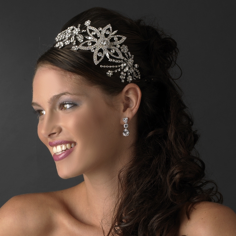 Side Accent Headband Freshwater Pearl & Crystal Silver Floral Bridal Hair Vine 