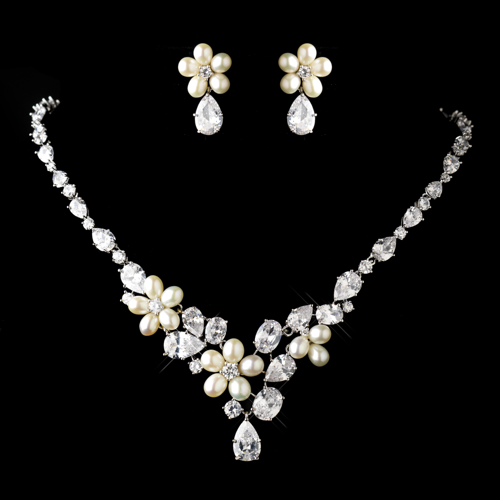 Antique Silver CZ & Pearl Wedding Jewelry Set - Elegant Bridal Hair ...