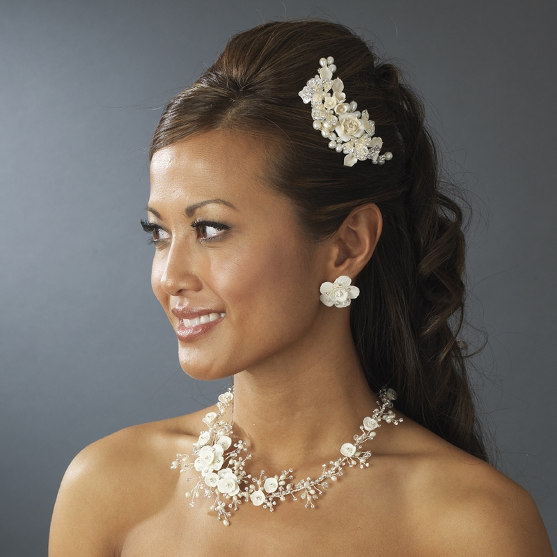 Silver Rhinestone White Pearl Floral Bridal Tiara Necklace Jewelry Set